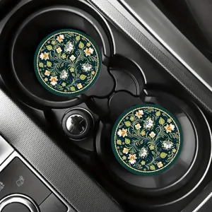 Dessous de Verre de Voiture en Silicone Floral Vintage Rond Antidérapant Isolation Thermique Dessous de Verre à Café Thé Accessoire Intérieur de Voiture Style Tableau de Bord