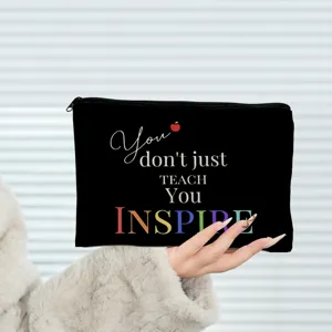 Teacher theme black canvas cosmetic bag and pencil pouch with inspirational quote design.
