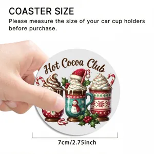 Round silicone car cup coaster with cute Christmas hot cocoa design, 7cm diameter size.