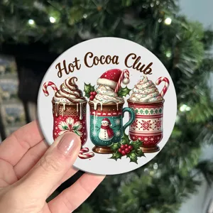 Round silicone cup coaster with Christmas hot cocoa mug pattern, anti-slip table mat.