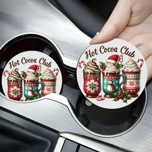 Christmas car coaster cup holder mat round silicone absorbent holiday hot cocoa club design