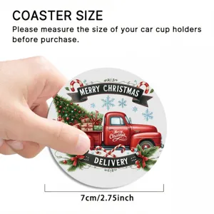 Close-up detail of a round Christmas car cup coaster with a festive red truck pattern.