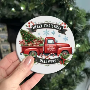 Christmas vintage red truck pattern round silicone cup mat detail close up presentation