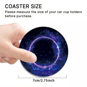 Car cup coaster detail showing 7cm diameter and glowing purple circle pattern design.
