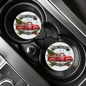Christmas red truck car cup coasters set, round silicone auto drink holder mats for vehicle.