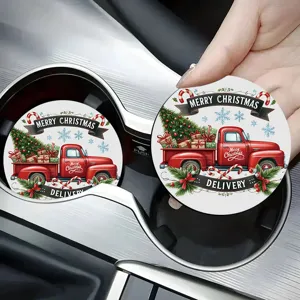 Close-up view of the round silicone car coaster with a vintage red truck pattern.