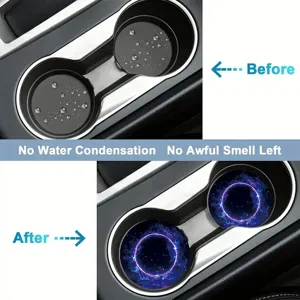 Silicone car cup coasters detail showing comparison before and after use with anti-slip design.