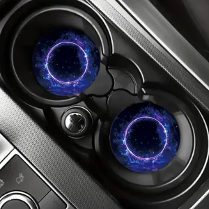 Detailed shot of glowing neon car cup coasters, premium non-slip silicone auto accessories.