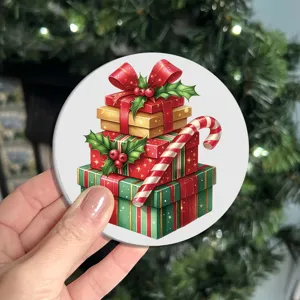 Christmas ceramic mug coaster detail view, festive gift box pattern, red green color block