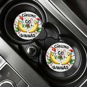 Detailed shot of Christmas banana car cup coasters placed neatly inside a vehicle cup holder.