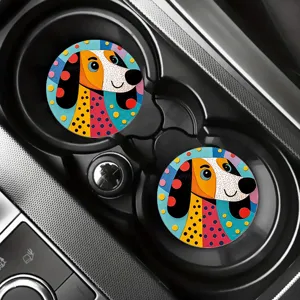 Colorful silicone car cup holder coasters with cute dog pop art design, detail view.