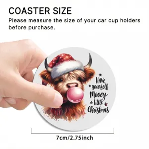 Round car cup coaster detail view showing 7cm size and cute Christmas Highland cow graphic.