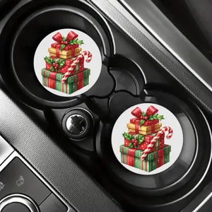 Christmas car coasters set of 2 festive gift box print absorbent ceramic cup mats for auto decor