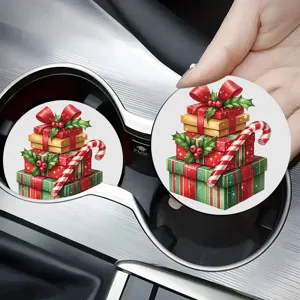 Christmas theme ceramic car coaster detail view showing festive red and green gift box pattern.