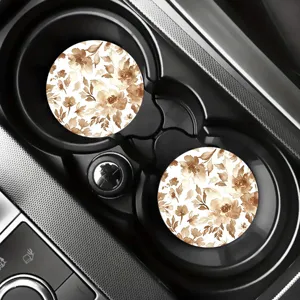 Retro watercolor floral car coasters set, non-slip absorbent cup holder inserts for auto.