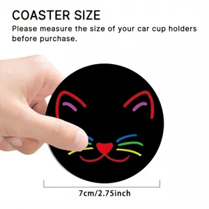 Silicone car coaster detail view showing size 7cm and cute neon cat face design clearly.