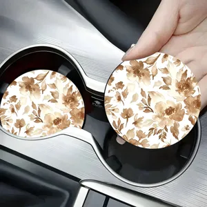 Retro brown floral silicone car cup holder coaster, anti-slip heat insulating mat.