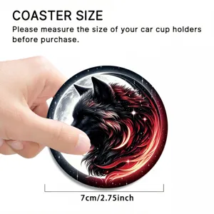 Car cup holder coaster with glowing red wolf graphic, non-slip silicone pad 7cm