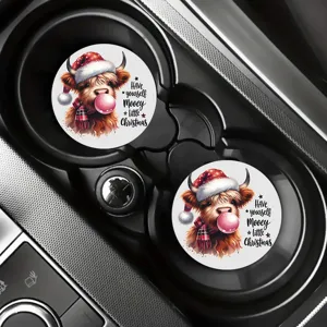 Car cup coasters set of 2 round silicone non-slip drink mat cute highland cow Christmas theme design.