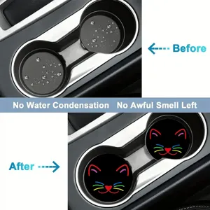 Silicone car cup coaster detail view, cute cat pattern, non-slip and waterproof design.