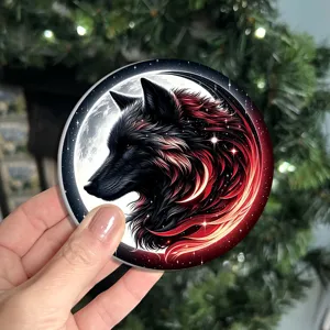 Silicone coaster close up featuring a cool wolf and moon graphic, heat resistant design.