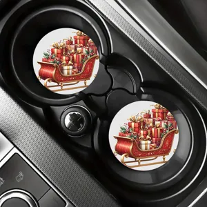 Christmas car coasters set festive red gift sleigh design absorbent ceramic cup mats 2pcs