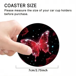 Detailed view of the red crystal butterfly car coaster with rose pattern, 7cm diameter size.