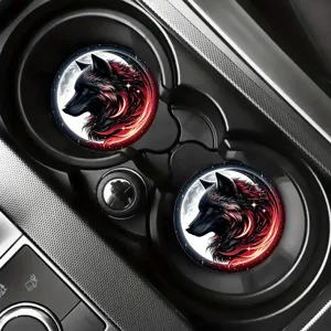Non-slip car cup holder coasters with cool wolf fire graphic design, 2-pack silicone mats.