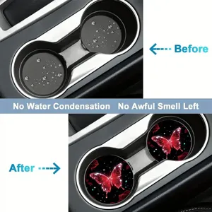 Silicone car cup holder coasters with red butterfly pattern, anti-slip and absorbent.
