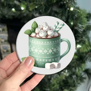 Christmas ceramic coaster with cute green winter mug illustration for holiday home decoration.