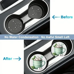 Detailed view of absorbent ceramic car coasters with festive Christmas mug pattern, dry cup holders.