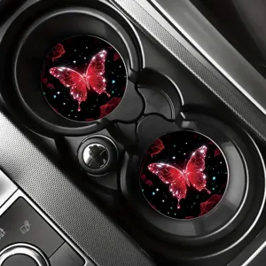 Enhance your car interior with these stylish red crystal butterfly non-slip cup coasters.