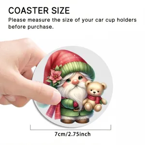 Christmas car cup coaster with cute gnome and teddy bear design, 7cm diameter size detail view.