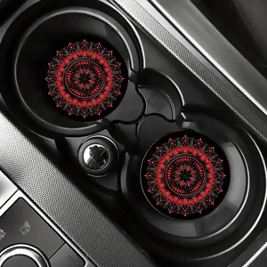 Red and black mandala car cup coasters set, non-slip vehicle interior cup mat decor.