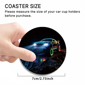 Car coaster size detail view showing 7cm diameter and racing theme pattern for cup holder.