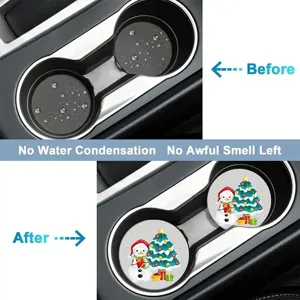 Silicone car cup coaster with cute Christmas snowman and tree design, non-slip interior pad.
