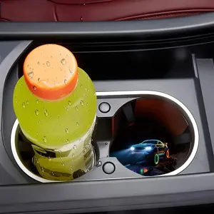 Car cup holder coaster with neon racing car design, anti-slip silicone mat for auto interior.