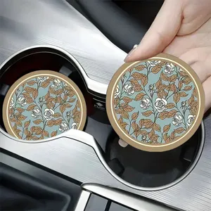 Car cup coasters silicone non-slip drink holder insert mats vintage floral rose pattern 2pcs