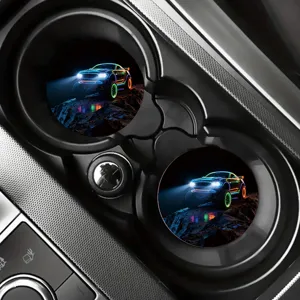 Car cup holder coasters detail view, featuring glowing neon racing car graphic for auto decor.