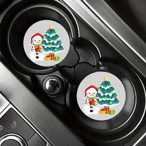 Christmas car cup coaster, cute snowman and tree pattern, non-slip silicone drink mat.