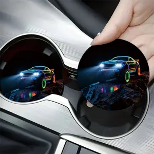 Silicone Car Coaster Racing Theme Mandala Pattern Anti-slip Cup Holder Mat Neon Racing Schnauzer Printed Coaster Car Interior Decor