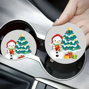 Universal Car Coaster Silicone Christmas Cartoon Snowman Tree Pattern Non-Slip Heat Insulated Drink Cup Holder Mat For Car Interior Accessories