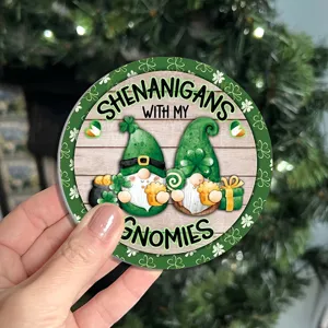 Close-up detail of the St. Patrick's Day themed gnome coaster featuring cute holiday graphics.
