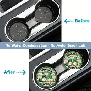 Silicone car cup holder coasters with cute gnome pattern, anti-slip waterproof drink mat.