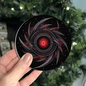 Round scifi red black pattern coaster detail view, stylish home decor table placemat item.