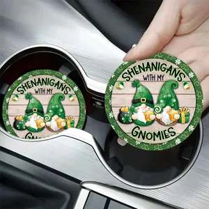 St. Patrick's Day car coasters detail, cute gnomes pattern, anti-slip silicone drink mat design.