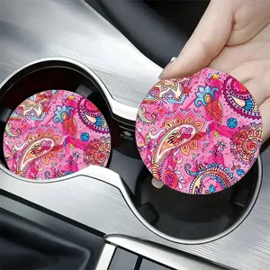 Colorful paisley silicone car cup coaster, durable heat-resistant non-slip beverage drink mat.