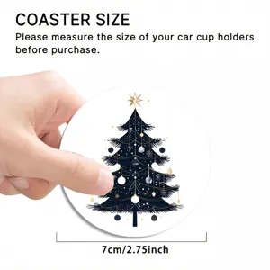 Detailed view of a 7cm round car cup coaster featuring elegant golden Christmas tree graphic.