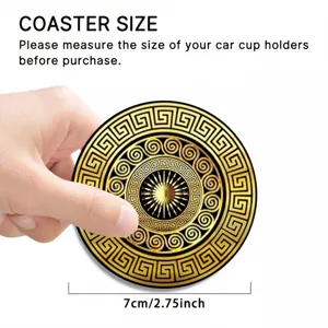 Black and gold silicone car cup coaster, 7cm diameter with Greek key pattern detail.
