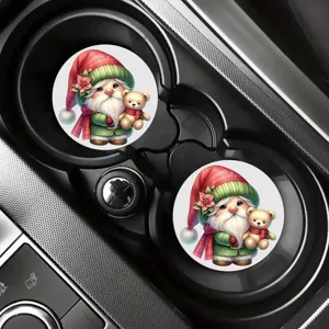 Christmas gnome car cup coaster set, festive red and green holiday drink mat detail.